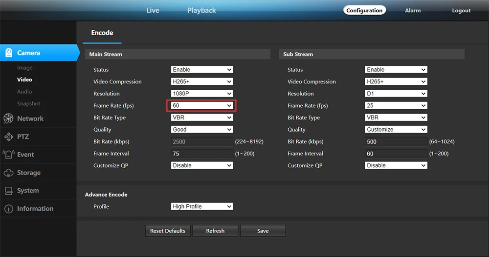 1080P 60fps konfiguratsiooni näide