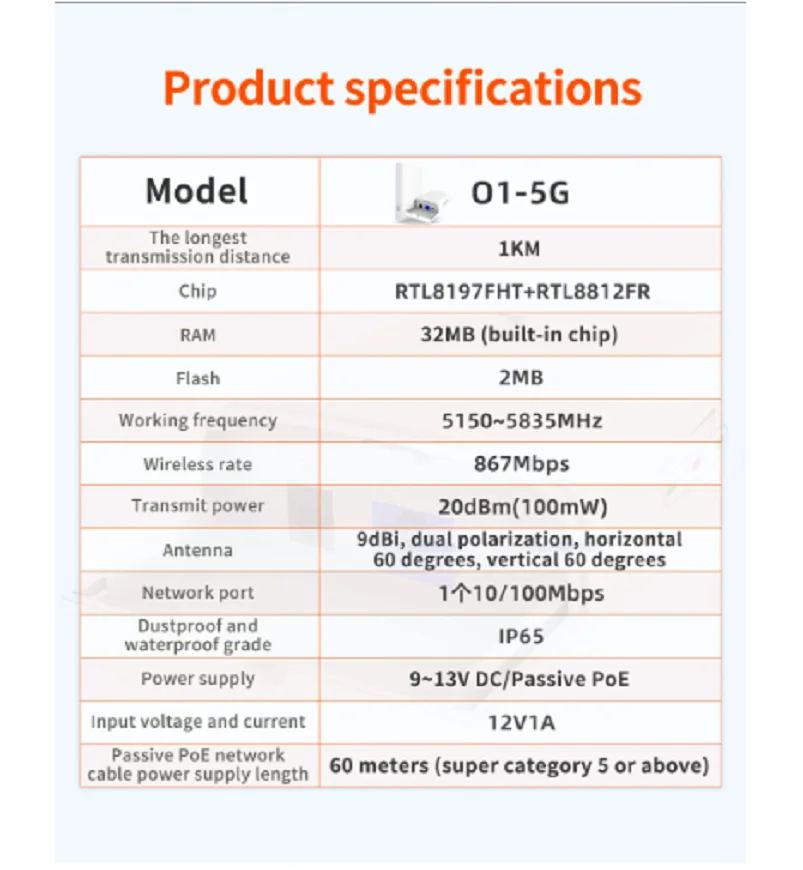 Tenda O1-5G 1KM 5GHz Outdoor CPE Wireless 9dbi WIFI Repeater Extender Router AP Access Point Wi-Fi Bridge with POE/DC Adapter