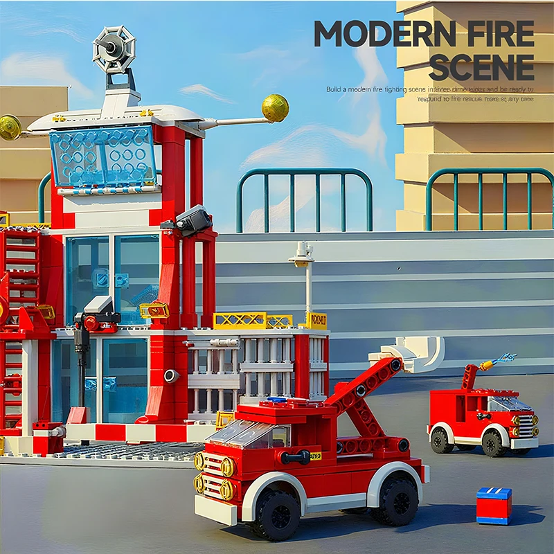 Police and Fire Station Building Blocks Set with Rescue Truck Car Figures Constr
