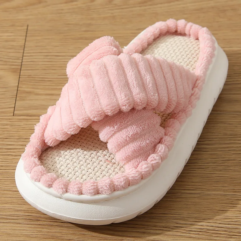 Rosa Cord-Hausschuhe mit Kreuzgurt für Damen, Winter 2025, atmungsaktiv, dicke Sohle, Plattform-Slides, Damen-Hausschuhe aus Plüsch für den Innenbereich – Detail 7