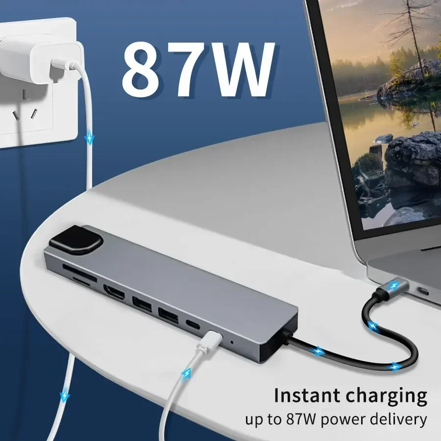 8 in 1 USB C HUB Type C Phone Adapter with 4K HDMI 87W PD USB Docking Station RJ45 for MacBook Pro Air Laptop Pad Card Reader