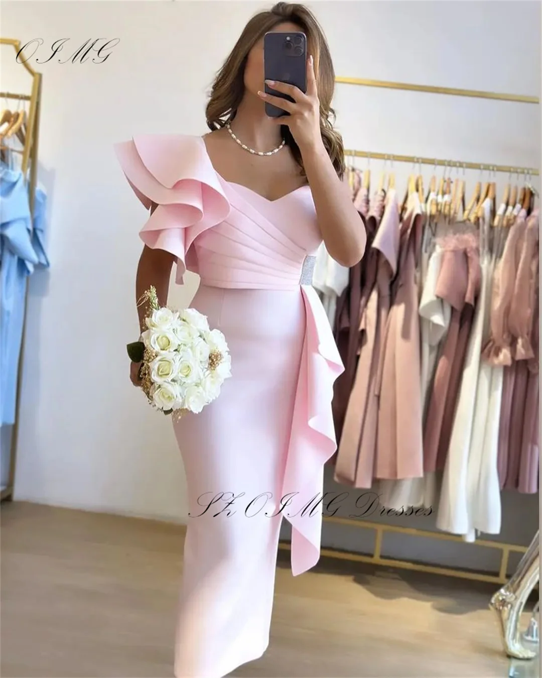 

OIMG Exquisite Sheath One-Shoulder Ruffles Pink Prom Dresses Saudi Arabic Women Satin Evening Gowns Occasion Formal Party Dress
