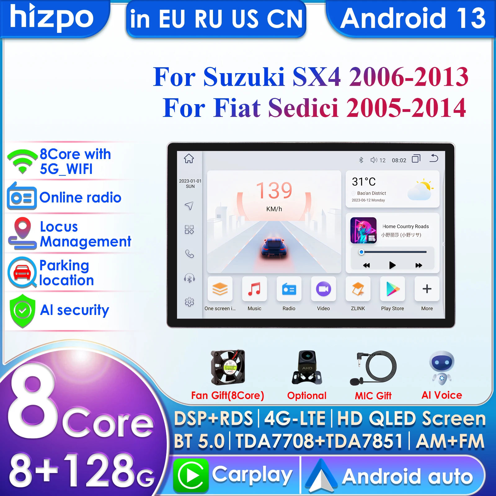 

Автомагнитола на Android 13 для Suzuki SX4 2006 -2013 Fiat Sedici 2005 мультимедийный видеоплеер навигатор GPS Carplay QLED сенсорный экран