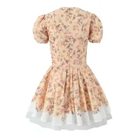 2024 Sexy Flower Print V Collar Corset Style Mini Dress Short Puff Sleeve Women Low Waist Ruched Pleated Contrast Color Hem Robe - Image 3