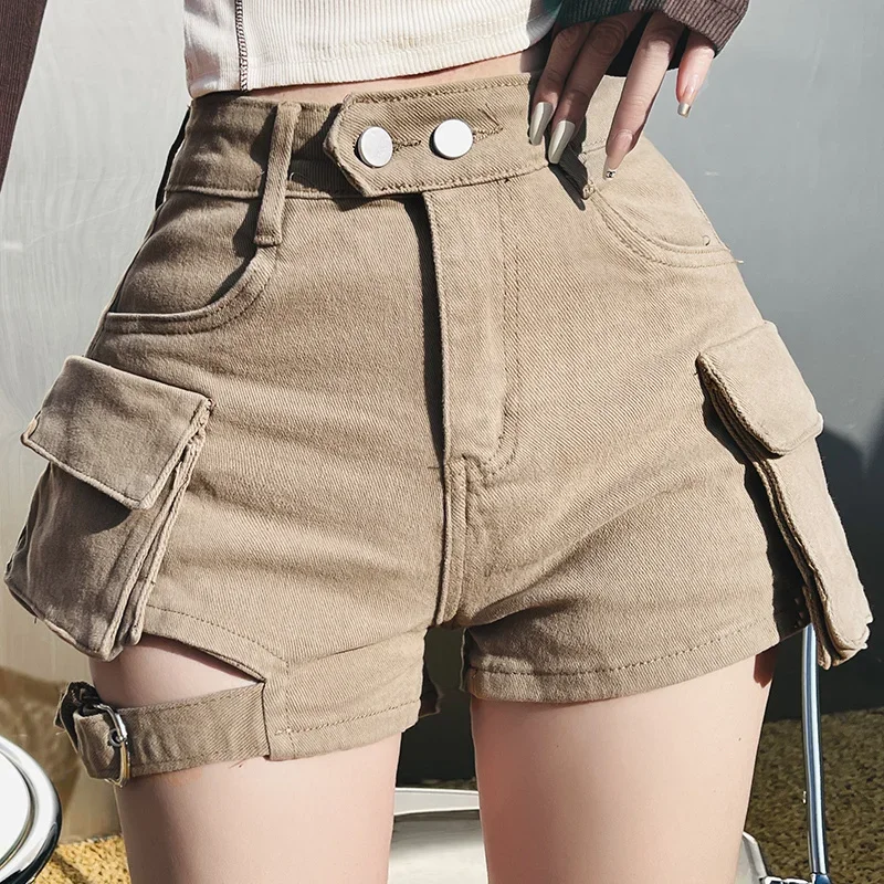 

High Waisted Cargo Shorts Khaki Chic Pockets Jeans Shorts Sexy Girl Summer Clothes for Women