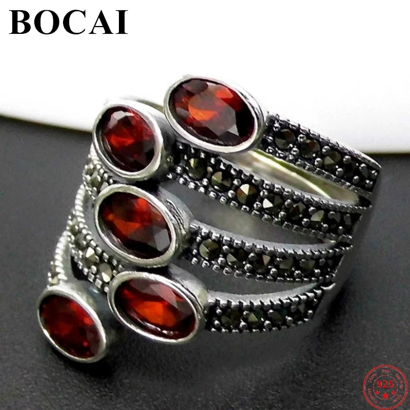 

BOCAI S925 Sterling Silver Female Opening Rings 2022 Popular New Fashion Garnet Multi Layer Hand Ornament Pure Argentum Jewelry