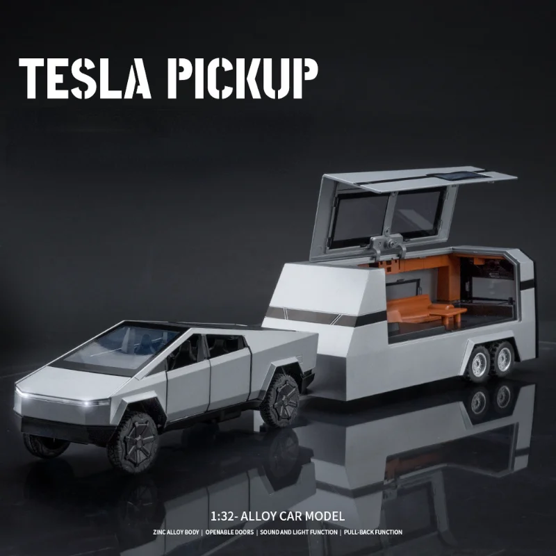 1/32Toys for Tesla Cybertruck Pickup Trailer Alloy Car Model Diecasts Metal Off road Vehicles Truck Model Sound  Kids Toys 1 32 alloy tesla cybertruck pickup car model diecasts off road vehicles truck car model sound light with suitcase kids toys gift