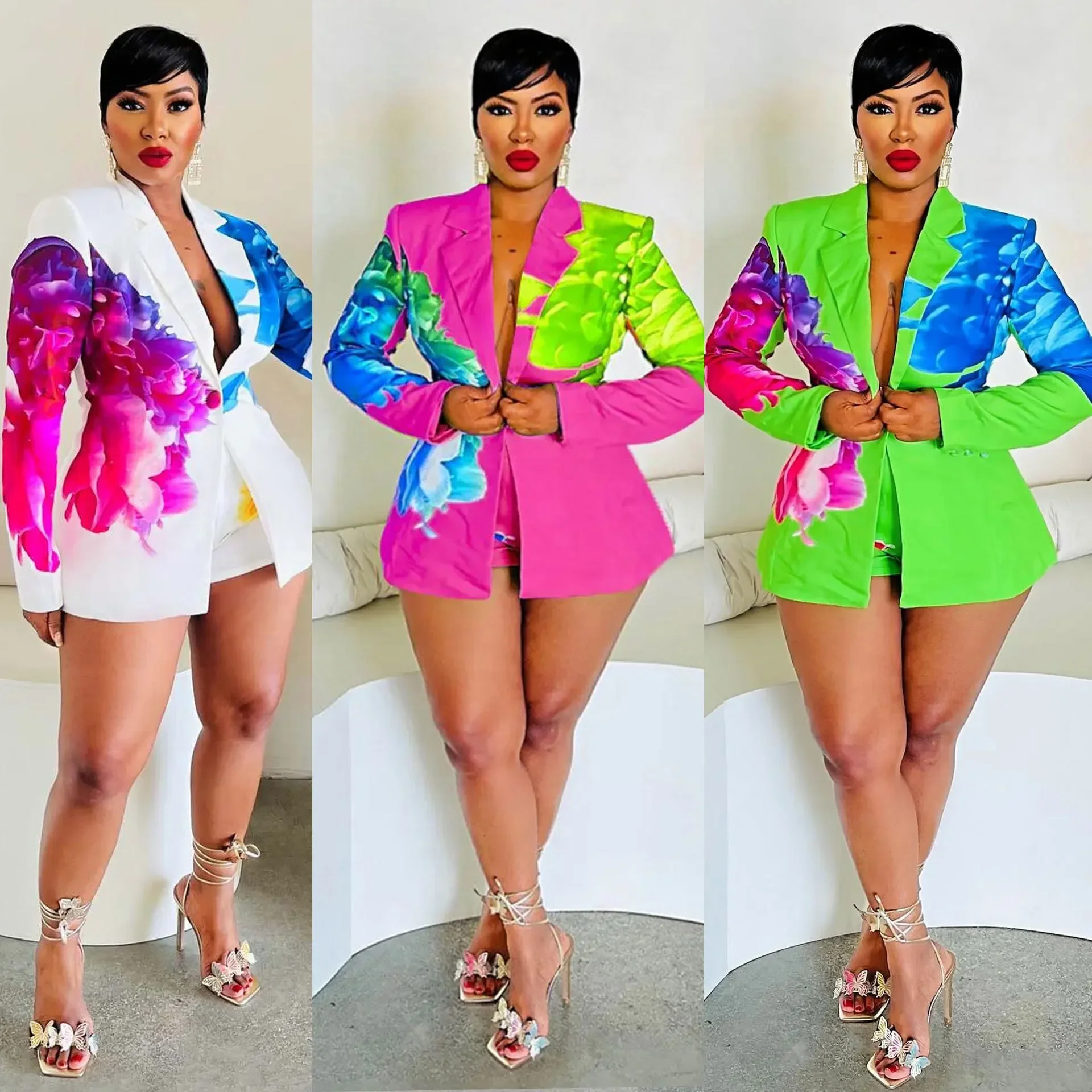 Women Floral Flower Printed Long Sleeve Blazer Jacket Autumn