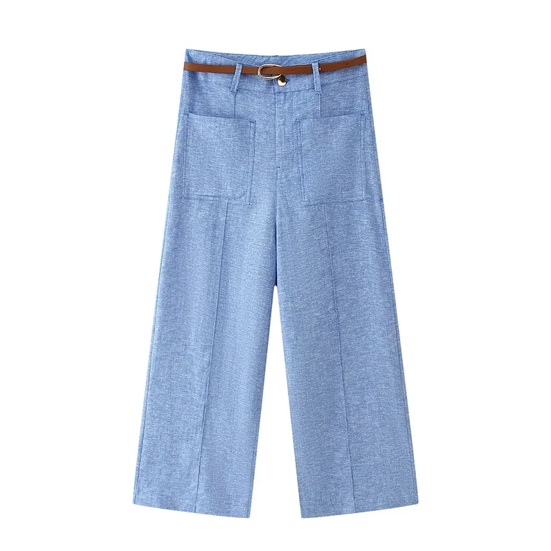 2025 Chic Belt Long Pants Set Women Single Breasted Short Vest Top Wide Leg Trousers Suits Two Pieces Set Woman Outfits