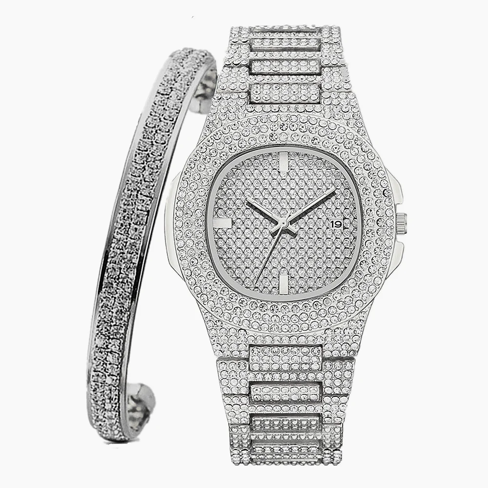 2PCS Watch + Bangle for Women Bling Bling Bracelet Iced Out Watch Diamond Hip Hop Watches Luxury Gold Watch Women Jewelry Set
