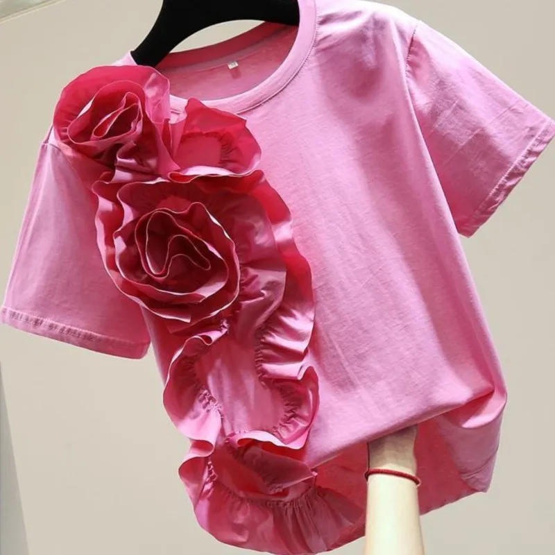 

3D FlowerT-женская летняя свободная футболка с ушками