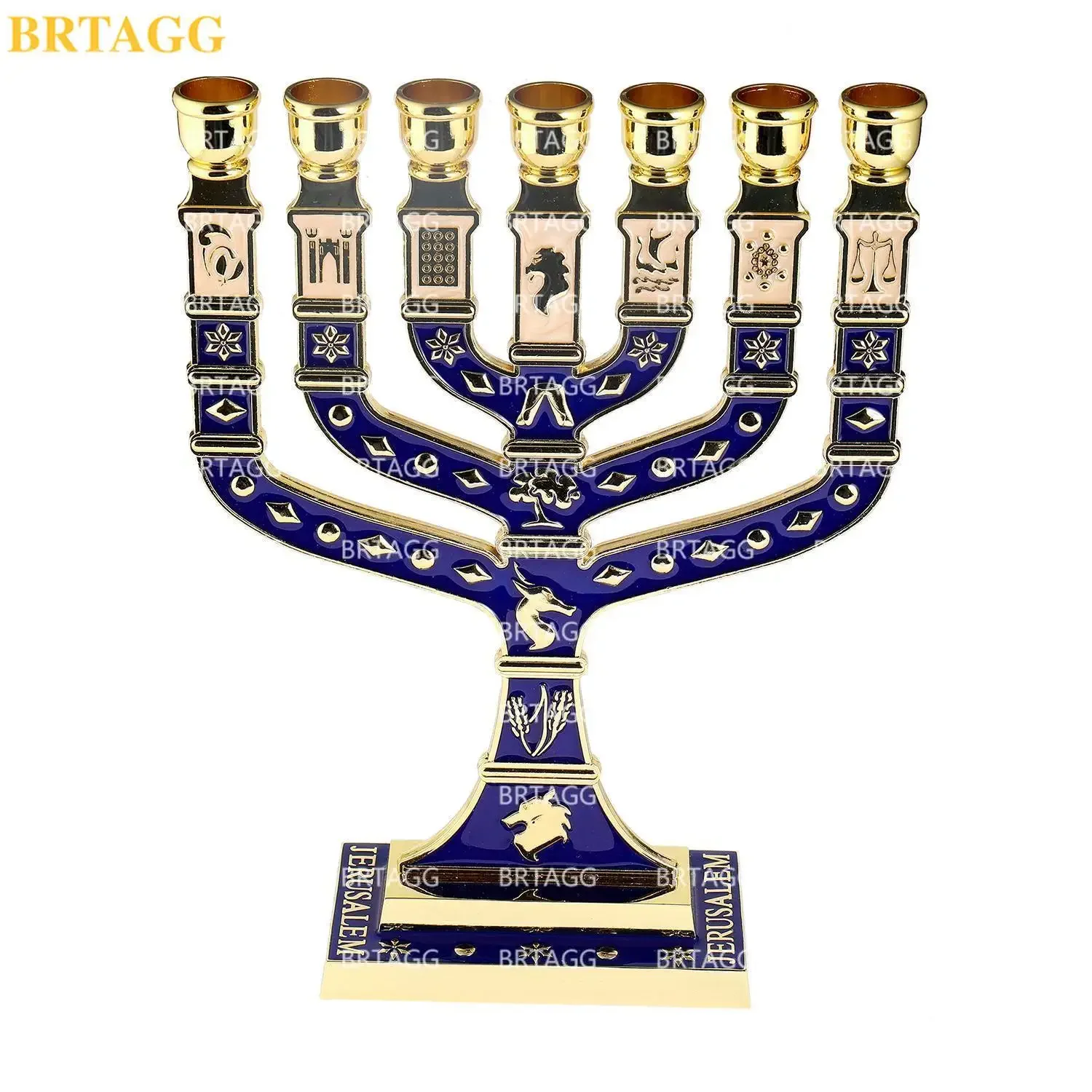 

BRTAGG Menorah, 27cm Tall, 12 Tribes Of Israel Candlestick, Jerusalem Temple 7 Branch Jewish Candle Holder
