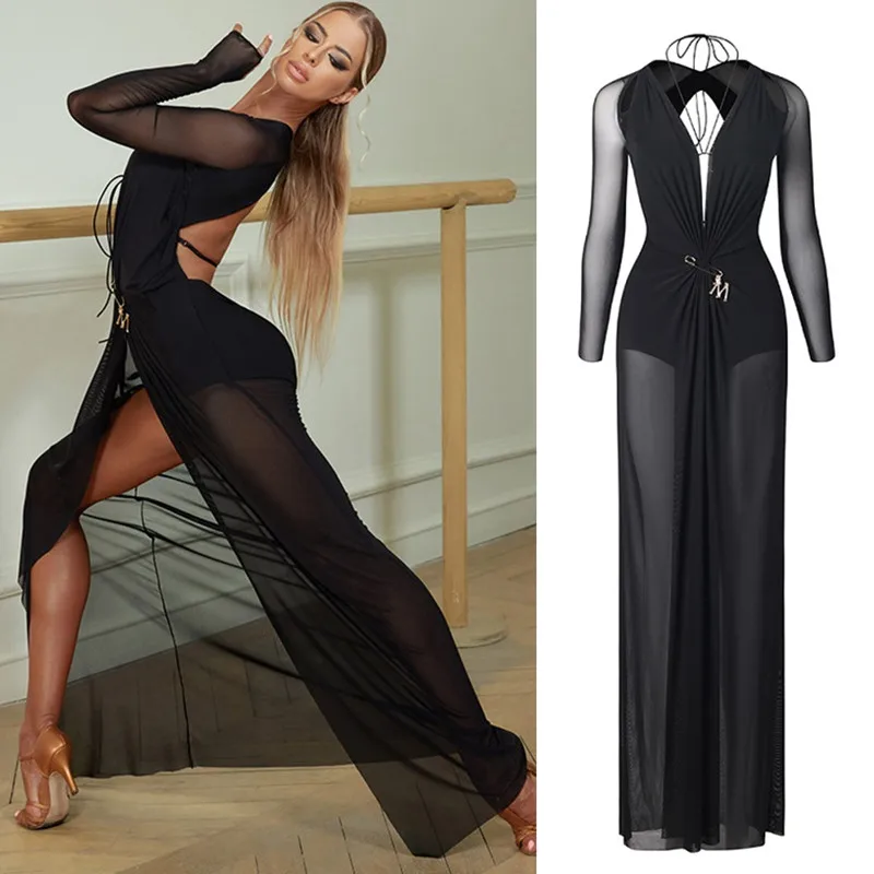 

long Latin Dance Dress latin dress blackTango Dress Rumba ChaCha latin dresses woman back cut out 2373