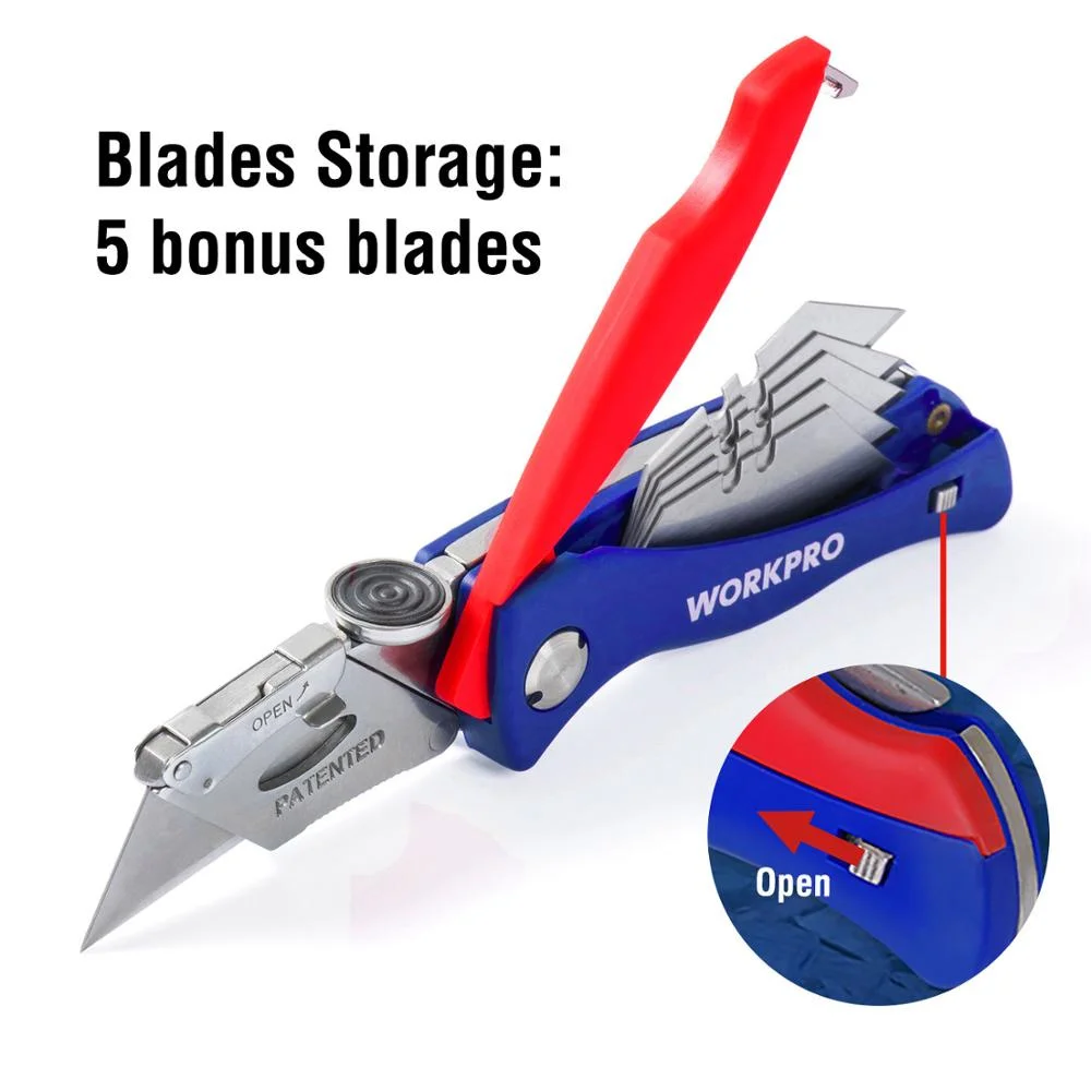Folding Utility Knife WORKPRO Electrician Folding Knife Utility Knife with 5PC Blades Pipe Cable Cutter
