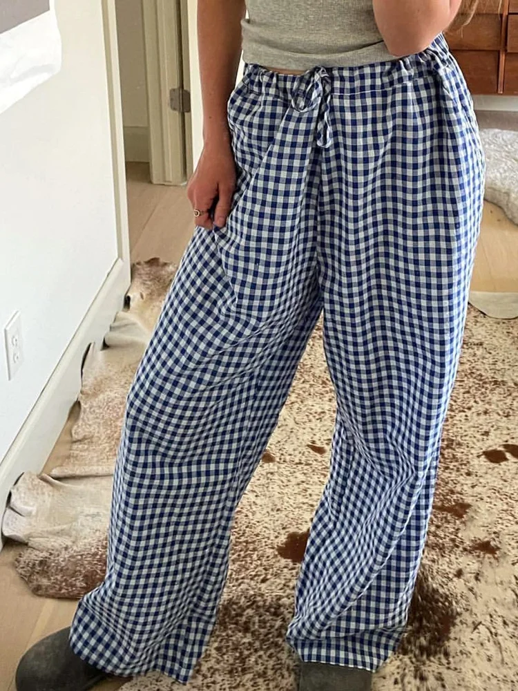 Women Y2K Vintage Striped Lounge Pants Pinstriped Wide Leg Pajama Pants Drawstring High Waist Loose Casual Trousers Streetwear