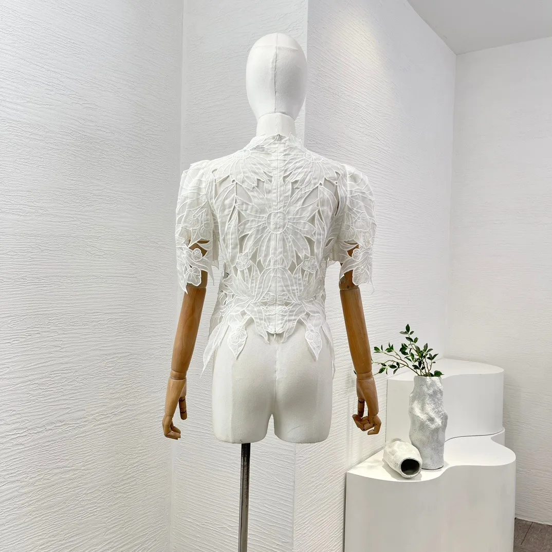 White Ramie Embroidery Floral Short Sleeve Cut Out Blouse Tops Elegant Fashion Women 2024 Spring Summer High Quality Clothing