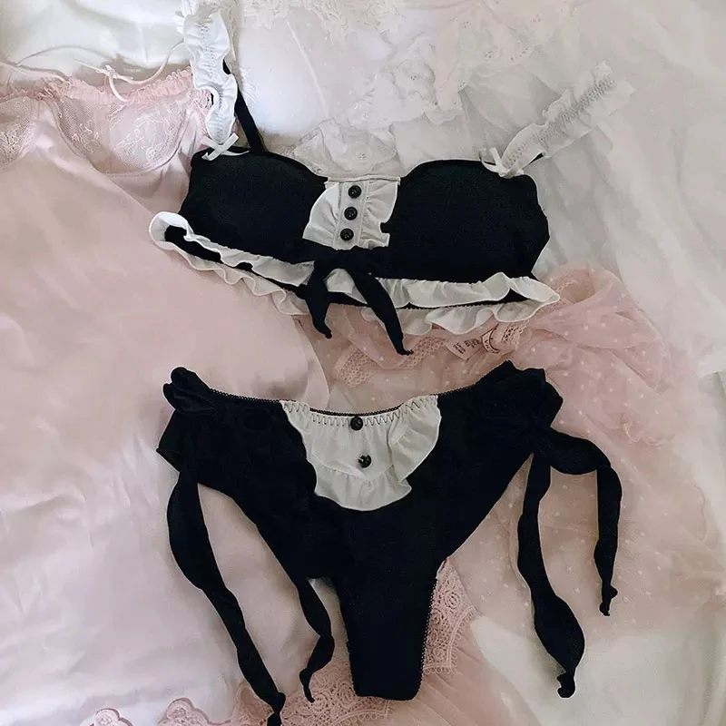 lace bra panty set Girly Sexy Dark Maid Bowknot Decorated Underwear No Steel Ring Milk Silk Bra Set Thong Rear Double Row Buckle Lingerie With Pant cute underwear sets