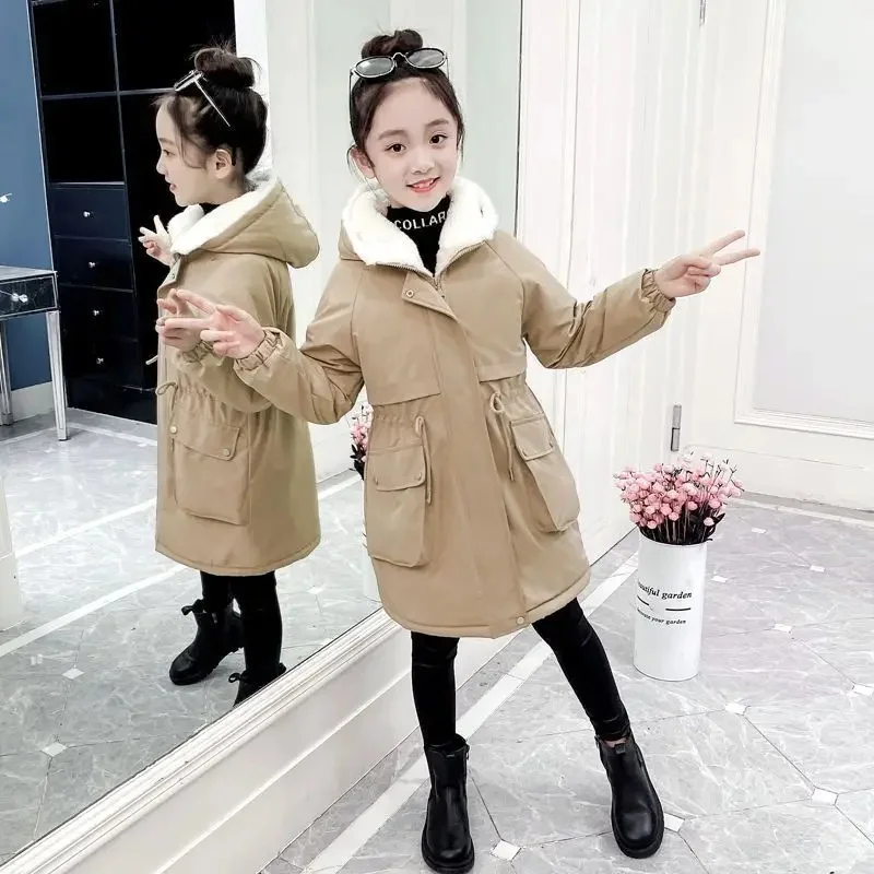 Drawstring fleece-lined thickened cotton-padded coat khaki