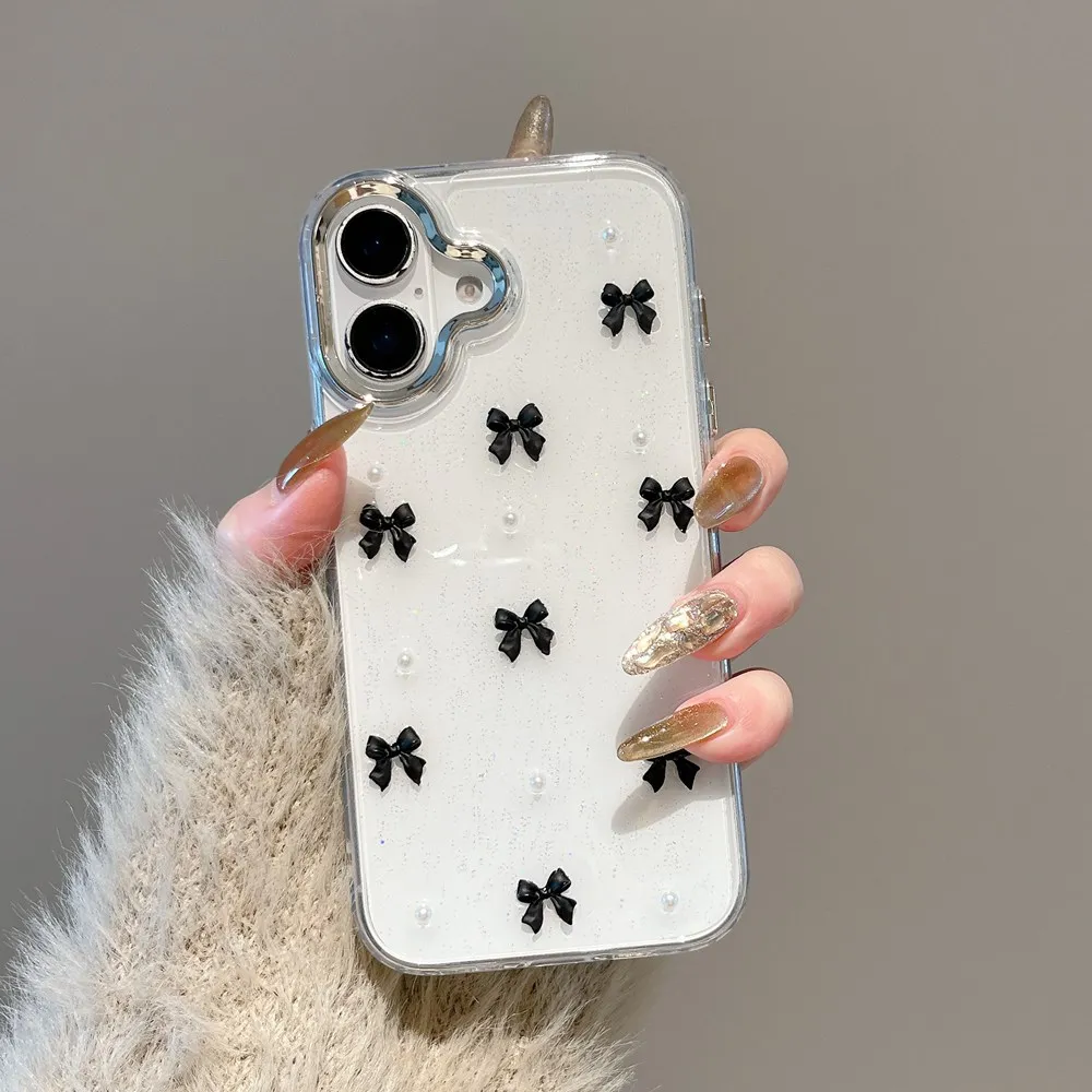 Cute Pink Bow Beads Glitter Clear Phone Case - Transparent TPU Shockproof Cover