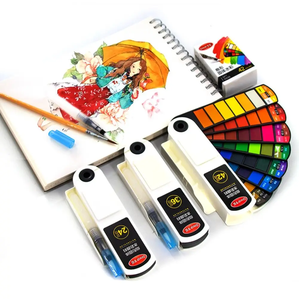 Set di Acquerelli Portatile Pieghevole con Pennello ad Acqua, 18/24/36/42 Colori, Kit di Pittura a Olio Solido per Studenti - immagine 2