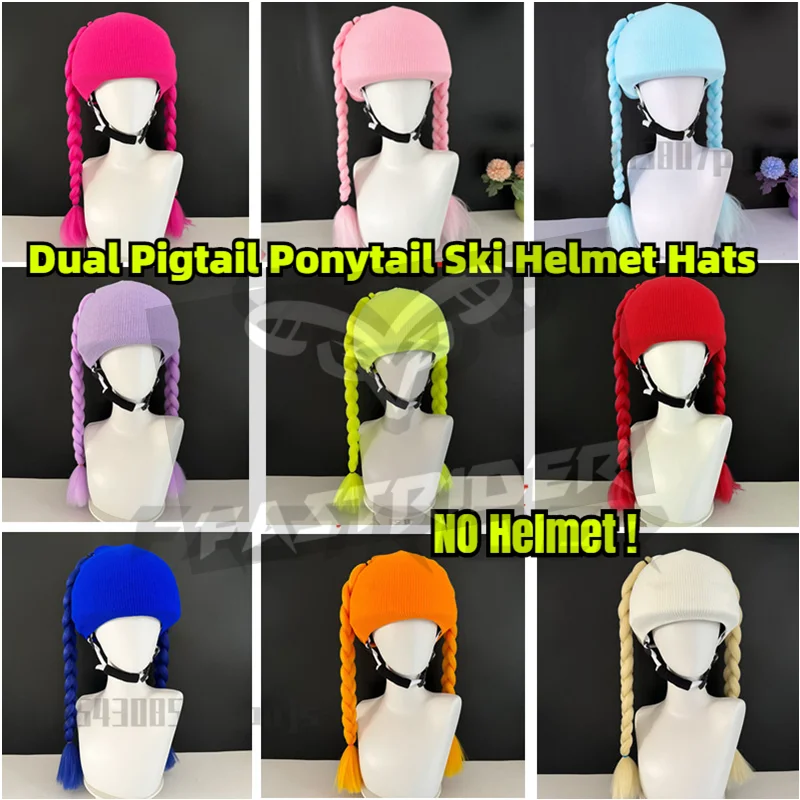 Ski Helmet Dual Pigtail Ponytail Headgear Wig Braids Hats Motorcycle Helmet Knitted Hood for Women Decoration