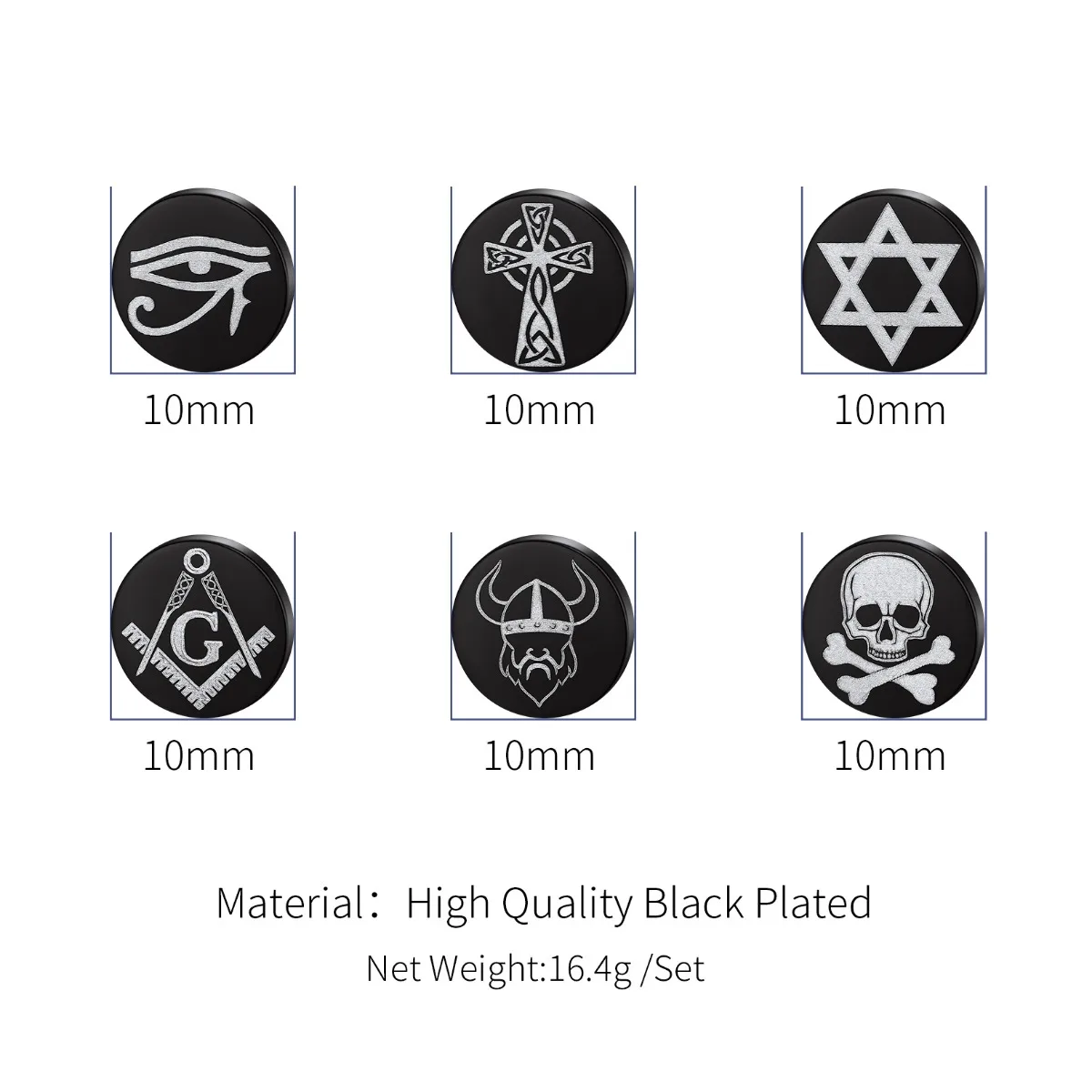 6pairs/set Black Round Stud Earrings Skull Celtic Cross Star of David Viking Wolf Tree Fighter Eye of Horus Unisex Jewerlry QC24 3