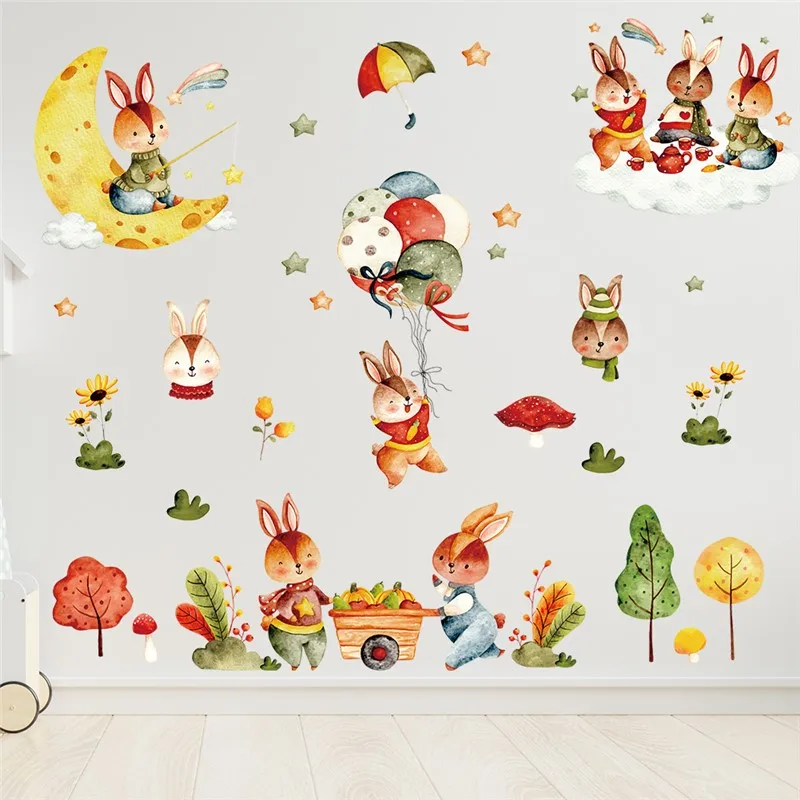 

Happy Life Of Cute Rabbit Wall Stickers For Kids Room Bedroom Decoration Cartoon Animals Mural Art Diy Home Decals Pvc Poster
