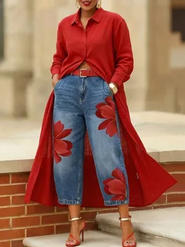 Missuoo Women's Boho Light Blue Washed Red Large Floral Print High Waisted Wide Leg Cropped Jeans Vacation Outfit for Summer 1