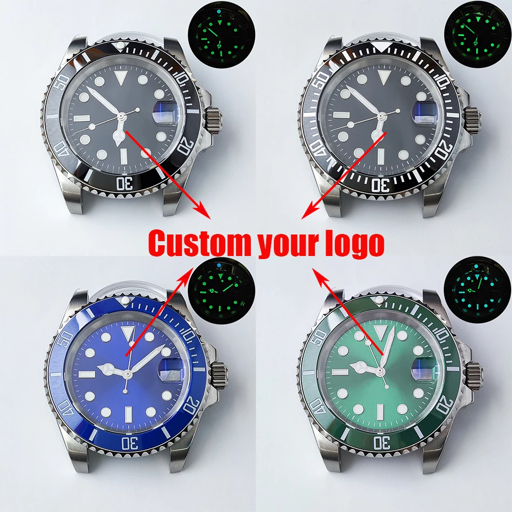 SilveryWatchCase40mmSapphireGlassWatchFaceGreenBlueLuminous