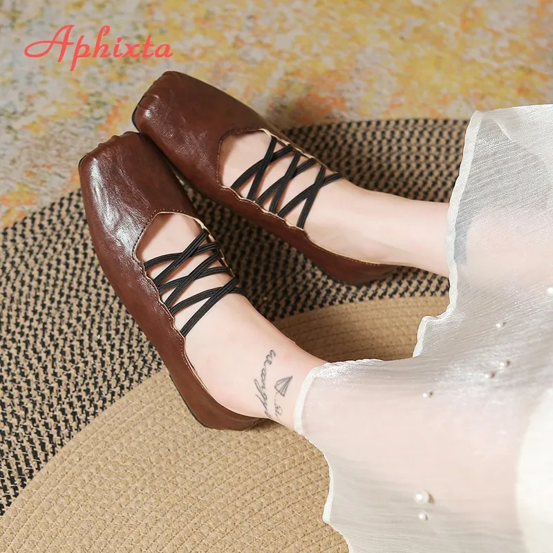 Aphixta Square Toe Black Flats Shoes Slip On Elastic Bands Cross Straps Womens Shoes Elegant Flat with Ladies Shoes