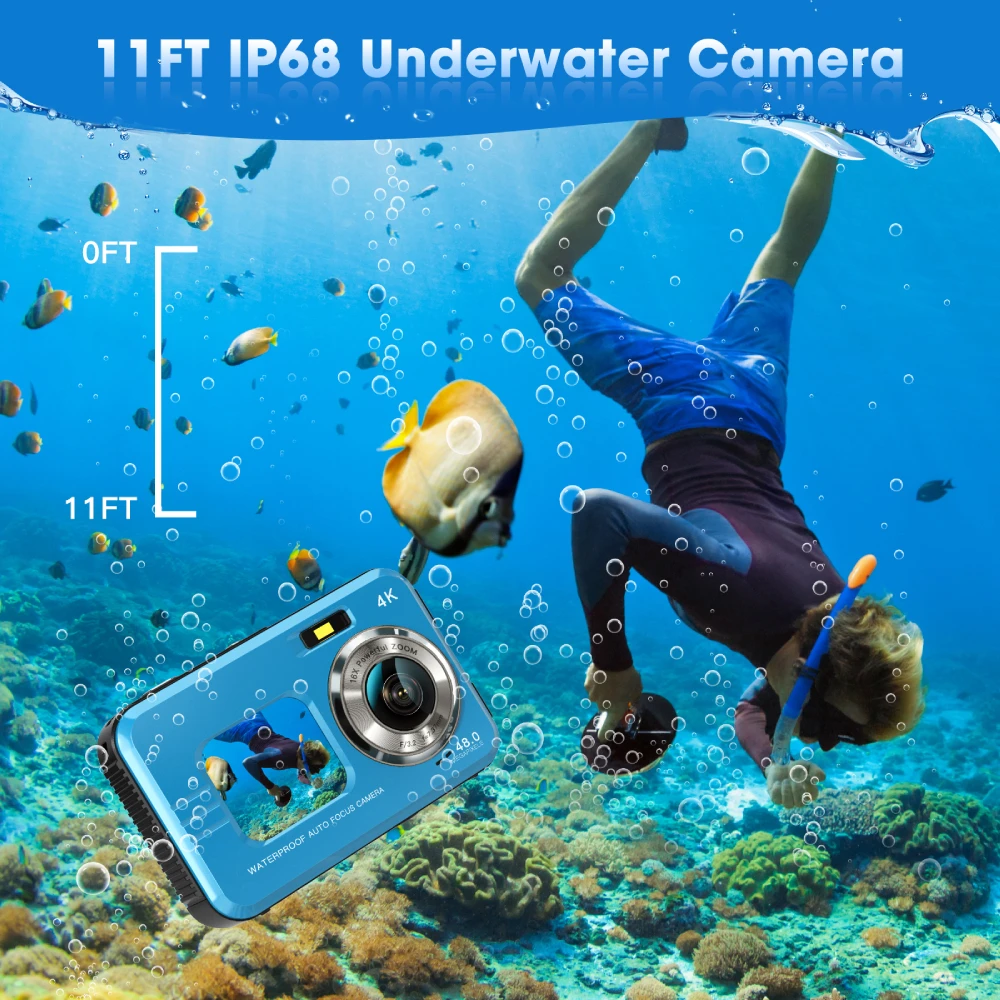 4K Underwater Camera 11FT Waterproof Camera with 64GB Card 48MP Autofocus Dual-Screen Selfie Underwater Camera for Snorkeling 3