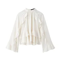 Spring And Summer Women's Hot Girl Style Loose Layered Decorative Ruffled Stand Collar Long Sleeve Shirt
