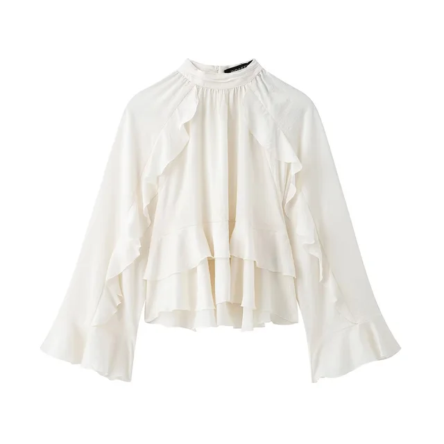 Spring And Summer Women's Hot Girl Style Loose Layered Decorative Ruffled Stand Collar Long Sleeve Shirt