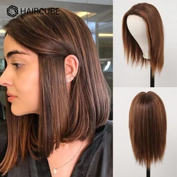 HAIRCUBE Straight Bob Lace Front Human Hair Wigs Dark Brown Balayage Hair Wigs for Women Colored Lowlights 13x1 T Part Lace Wig