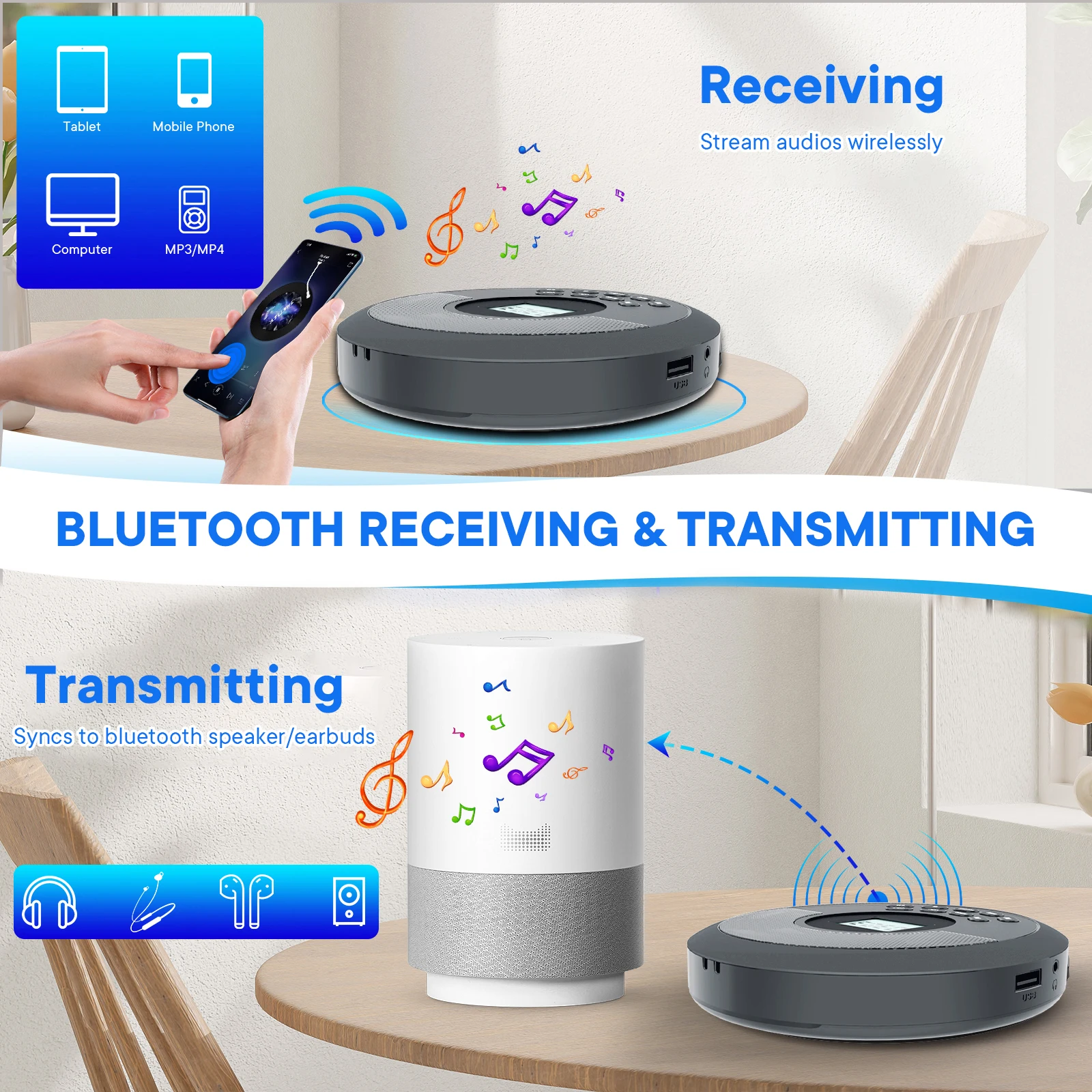 Bluetooth cd player portable rechargeable discman with speakers and headphones walkman cd player with USB bluetooth transmitting portable cd player