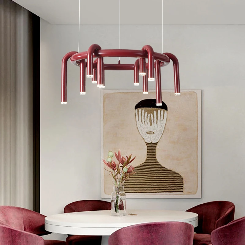 

Danish designer red U-shaped chandelier modern Nordic living room bedroom chandelier restaurant minimalist lighting fixtures