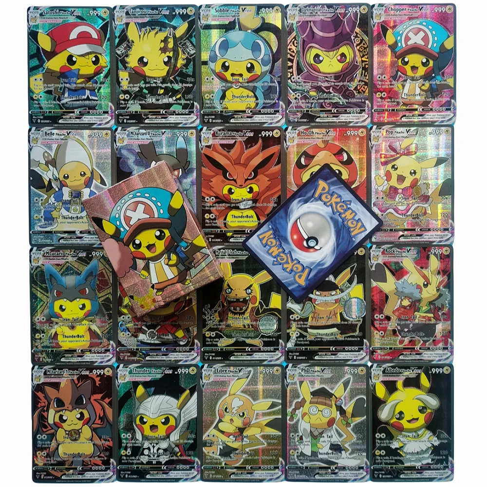 

Anime Holographic 55PCS Pokemon Cards Pikachu Cosplay DIY Luffy Tanjirou One Piece Goku Eva Frieza Characters English Shiny Card