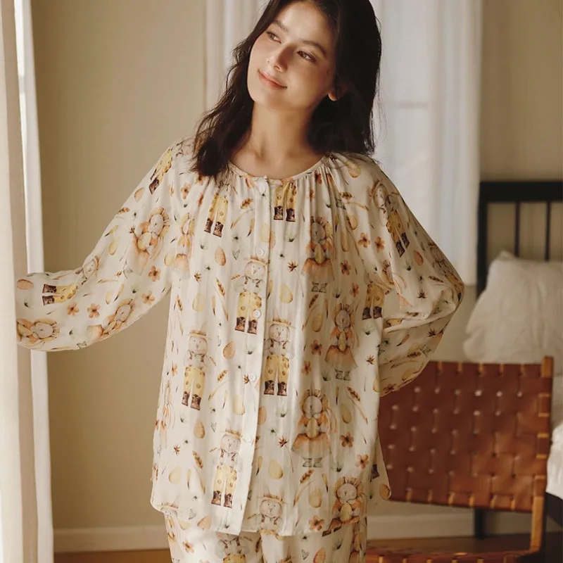 

2024 газовая Женская одежда для отдыха из бамбукового волокна с мультяшным принтом, свободный пижамный комплект с длинным рукавом, мягкая и удобная Пижама с круглым вырезом
