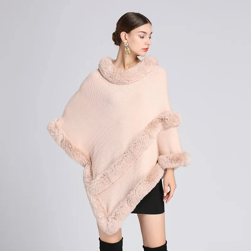 

Autumn winter new imitation otter rabbit fur collar Capes Pullover Women Knit Poncho Lady Capes Pink Cloak