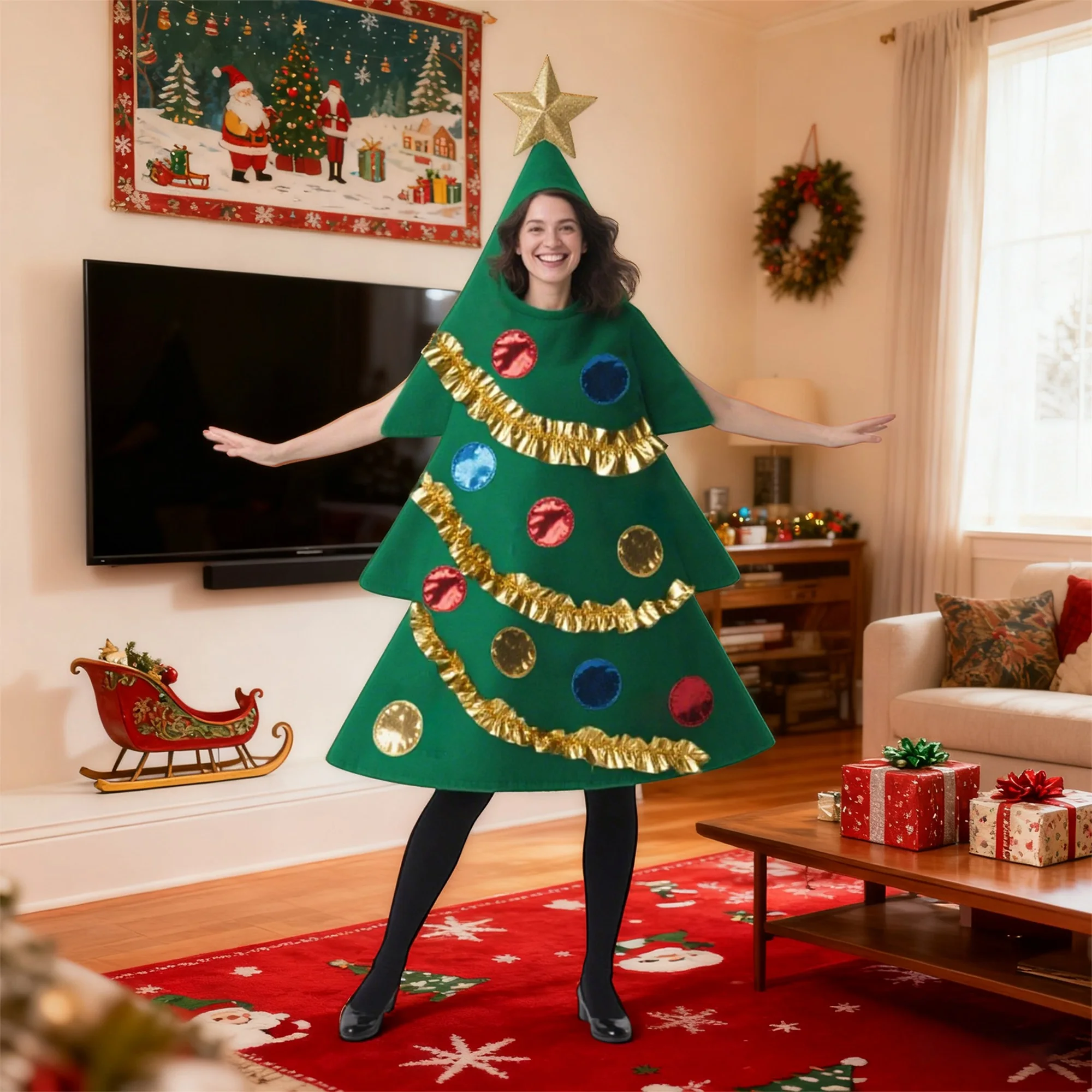 Women s Christmas Tree Costume Green Sequin Dress with Star Topper and Sleeveless Hooded Design for Party Cosplay Outfit