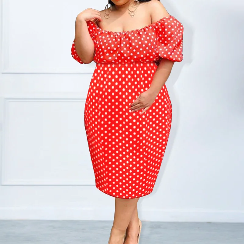 Spring Summer Bohemian Polka Dot Printing Sexy One Word Collar Puff Three Quarter Sleeve Plus Size Mid-calf Dress for Women