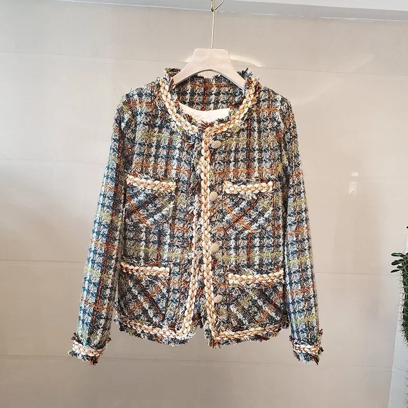 

O Neck Small Fragrance Plaid Woven Short Coat Women's Fashion Casual Warm Loose Korea Elegant Chic French Tweed Quilted Jackets