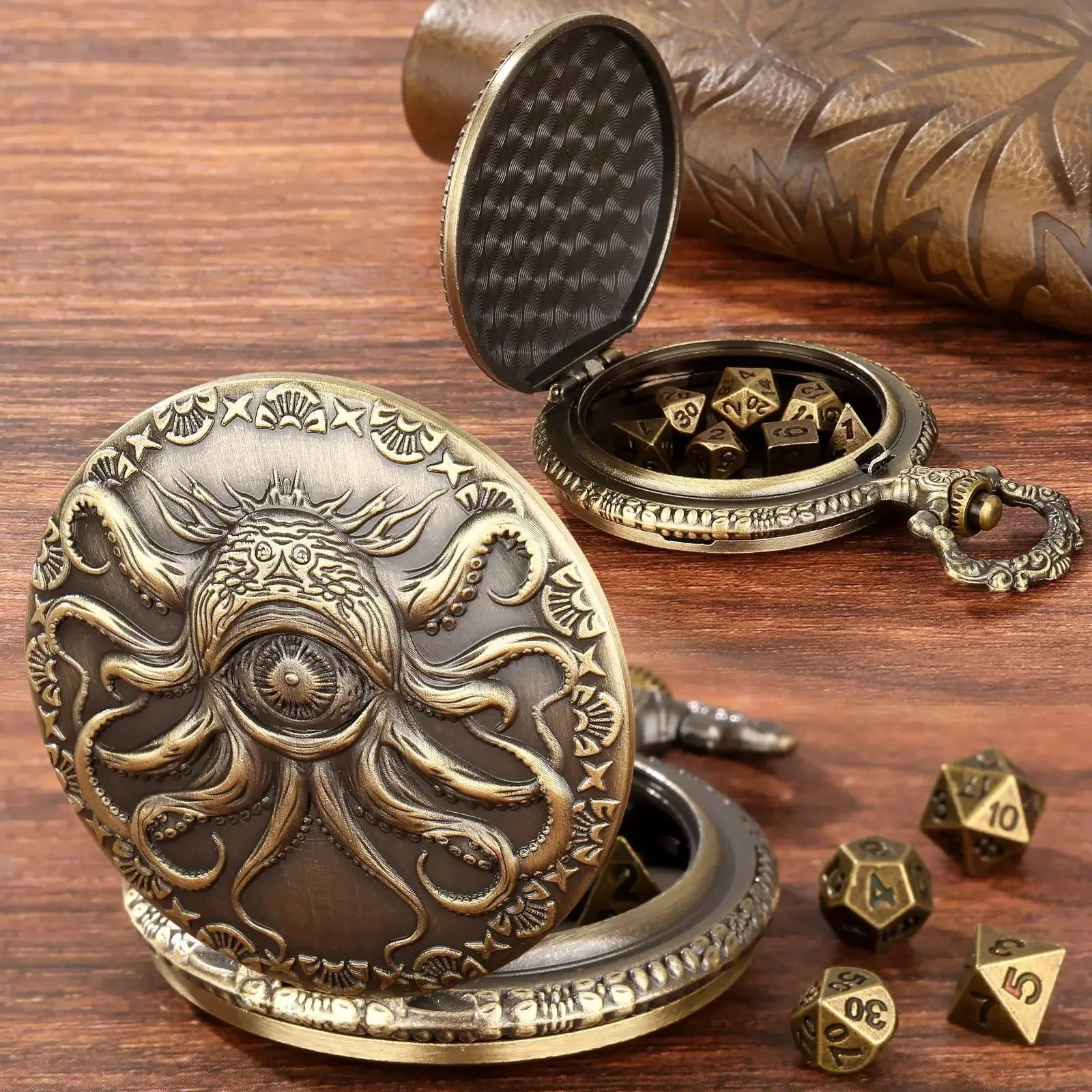 Dice Storage Case Octopus Metal Vintage Cthulhu Pocket Watch DND Dice One eyed Octopus Pocket Watch box For role playing games