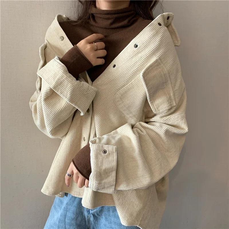 Oversized Solid Corduroy Shirts Jackets Casual Autumn Basic Outwear Spring New Women Street Full Sleeve Turn-Down Collar Coats