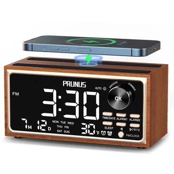 Retro Vintage Doppia sveglia Radio FM 15W Ricarica wireless veloce Display a LED Controllo dimmer Oscuramento automatico Orologio retrò Camera da letto 1