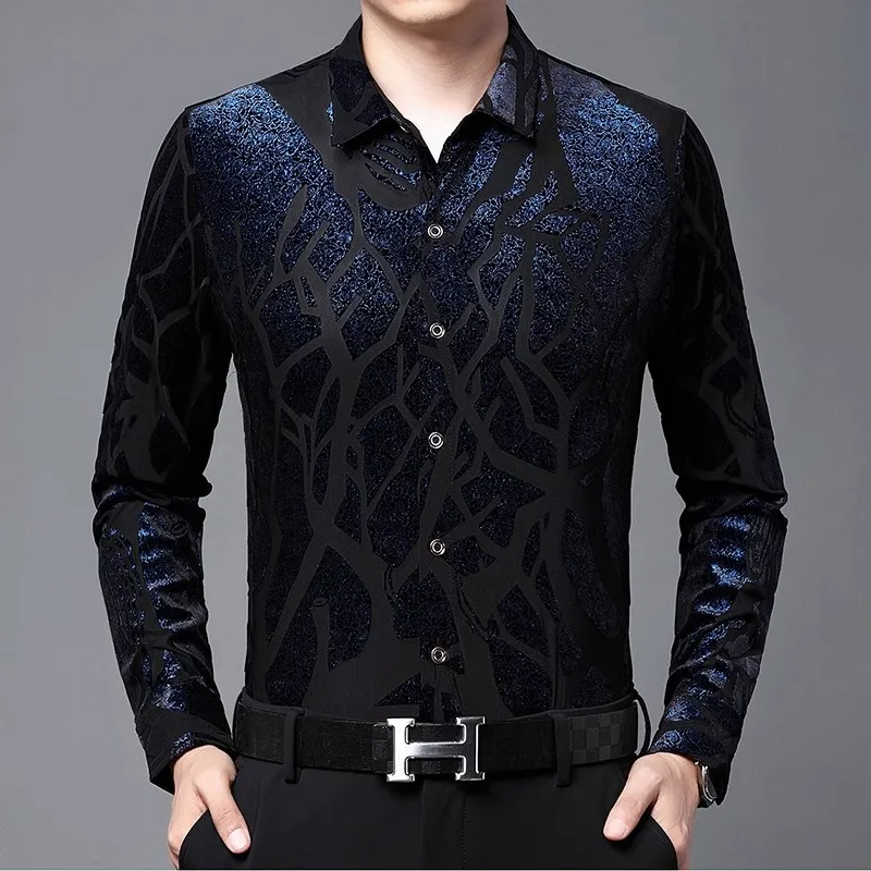 

Velvet Hollow High-End Men Shirt Boutique Long Sleeve Silky Cool Spring Quality Soft Comfortable Elastic Casual Camisa Masculina