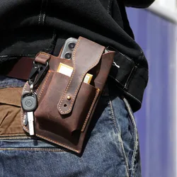 Riñonera de cuero genuino para hombre, bolso de cintura para teléfono móvil, caja para encendedor de cigarrillos, bolsa de almacenamiento al aire libre