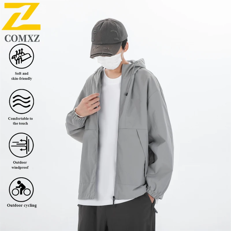 COMXZ Autumn  Windbreaker  Men's  Hooded Jacket  Waterproof  Windproof Outdoor Coat for Hiking Camping Fishing Youth Casual Wear