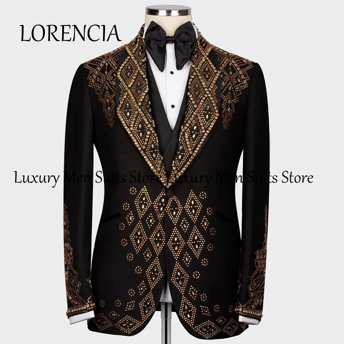 Formal Men Shawl Lapel Gold Rhinestone Embellished Suits Groom Wedding Tuxedos 3 Pieces Male Prom Blazers Costume Homme