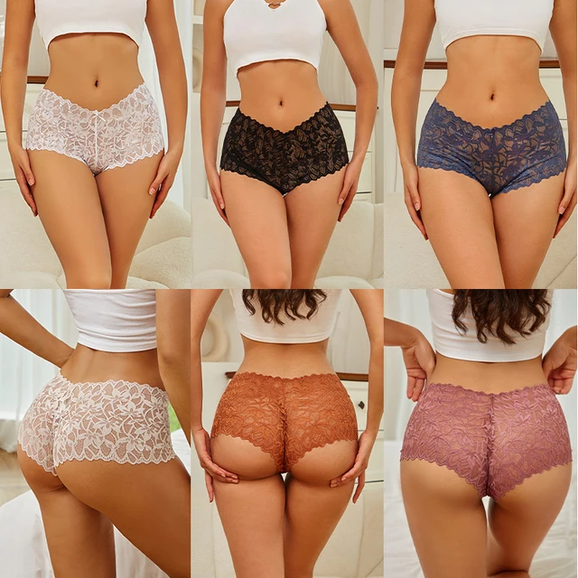 FINETOO 2Pcs Lace Four Shorts Women Low-Rise Panties Floral Underwear S-XL Girls Sexy Panties Ladies Lace Underpants Lingerie 2
